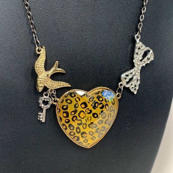 Bird Key Heart Bow Whimsical Silver Chainlink Necklace Crystal Animal Print 18"L - Picture 2 of 6
